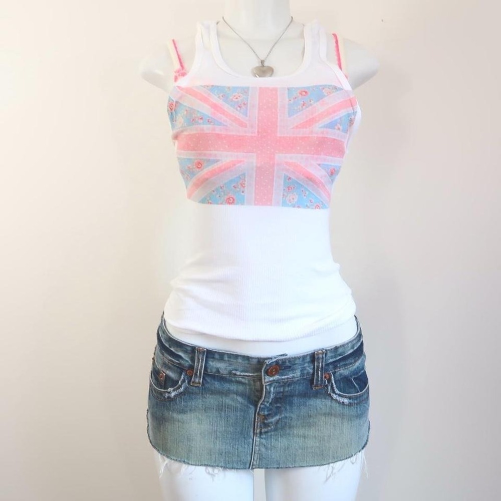 y2k union jack floral graphic tank top ribbed fitted cami